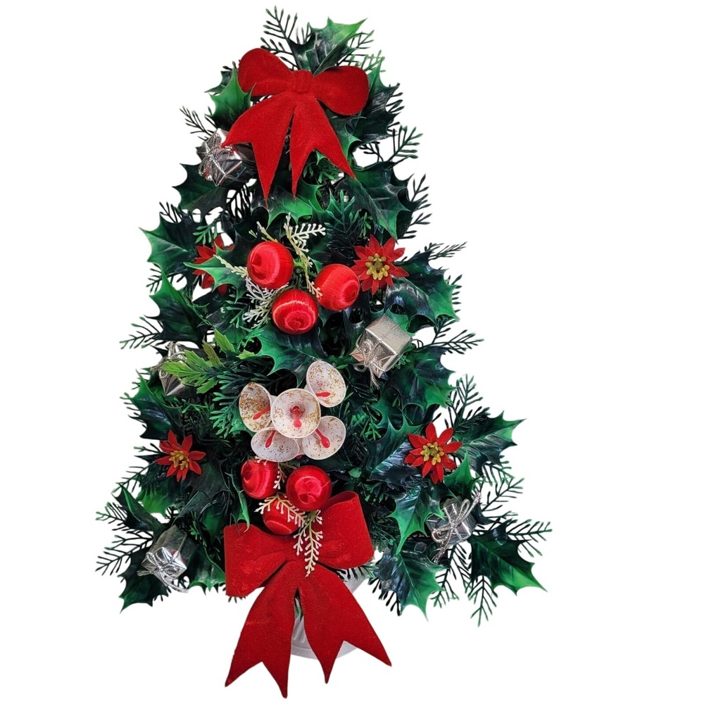 Christmas Wall Hanging Tree Green Red Silver Holly Poinsettia Plastic 18 In Vtg